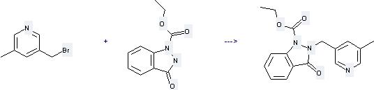 Pyridine, 3-(bromomethyl)-5-methyl- can react with 3-Oxo-2, 3-dihydro-indazole-1-carboxylic acid ethyl ester to get 2-(5-Methyl-pyridin-3-ylmethyl)-3-oxo-2,3-dihydro-indazole-1-carboxylic acid ethyl ester.